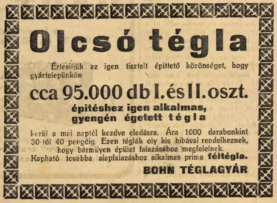 A békéscsabai téglagyár története 6 - Bohn hirdetés 1929